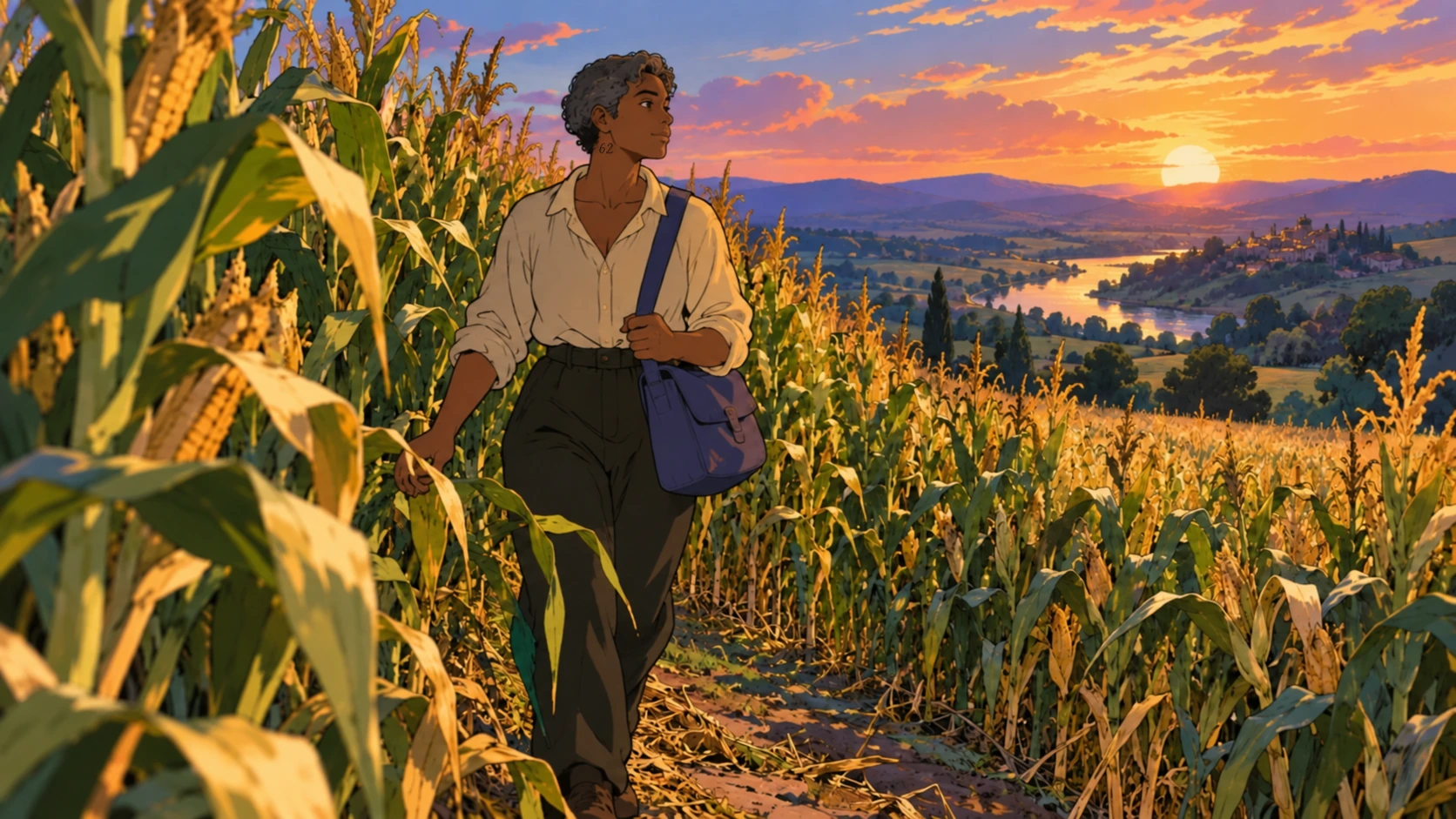 A Maíz character study walking through a sunlit cornfield.