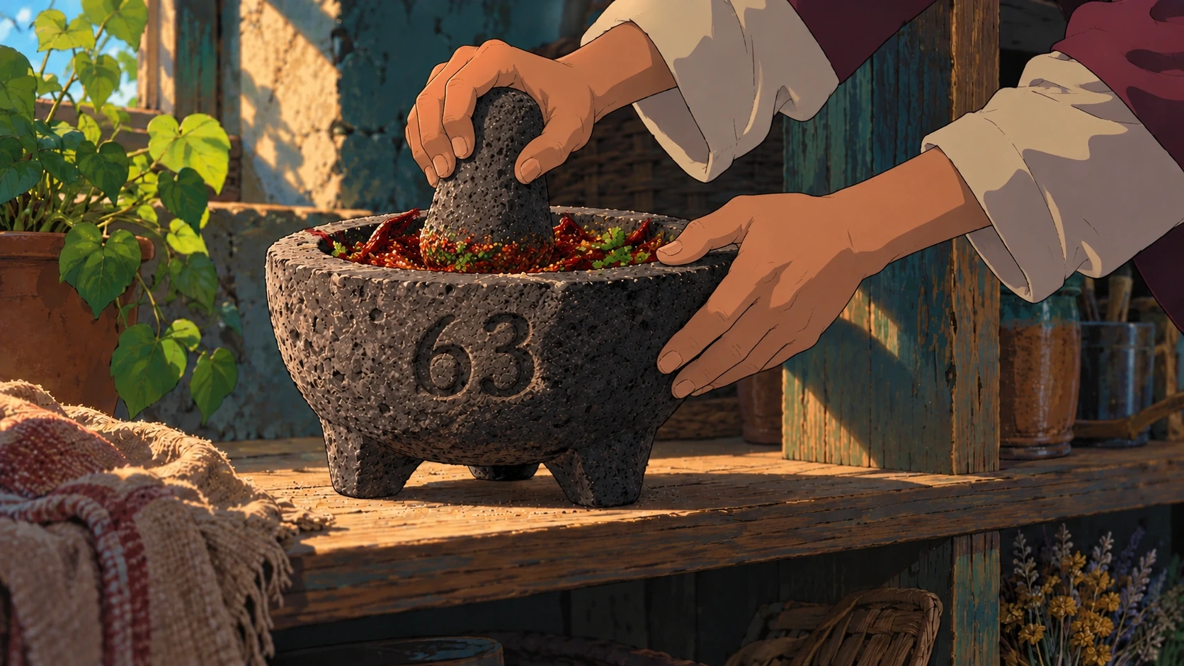 Hands grind peppers and herbs with the Molcajete and its pestle.