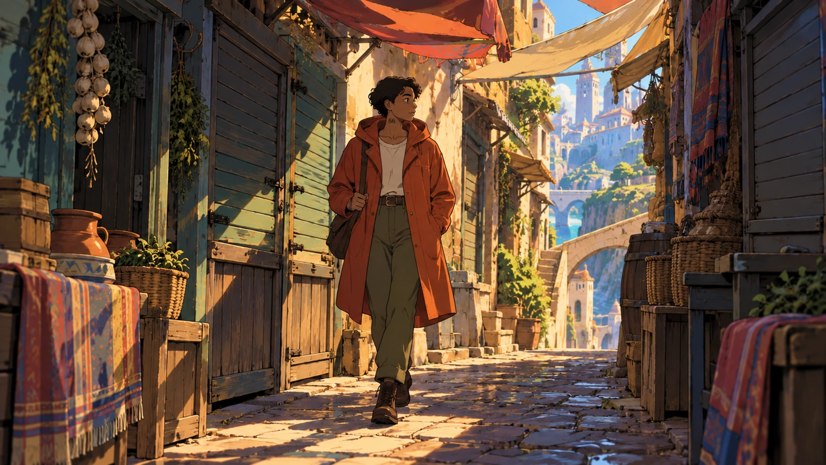 A Zorro character study walking through a market street.