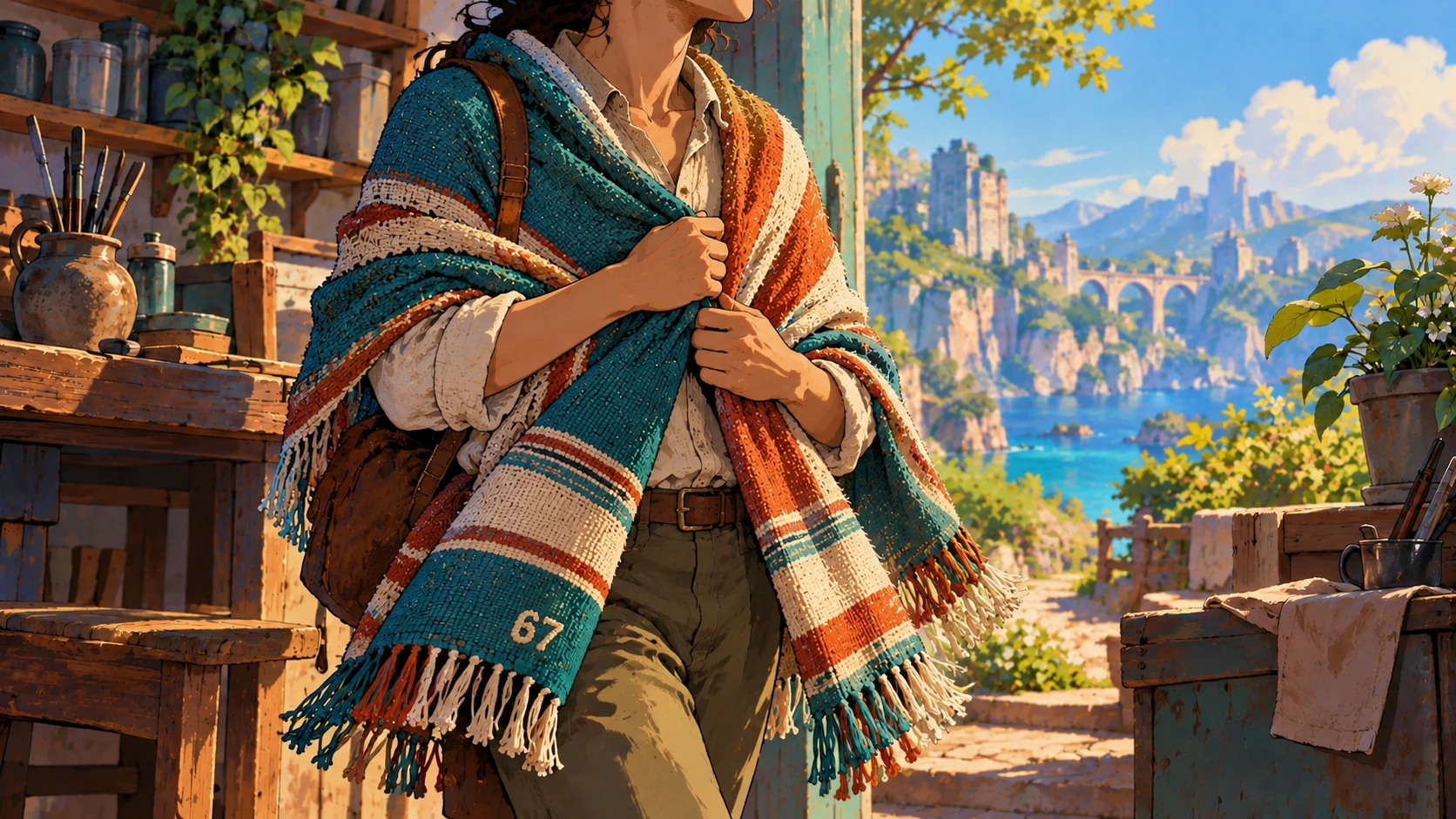 A traveler wraps the Zarape around their shoulders.