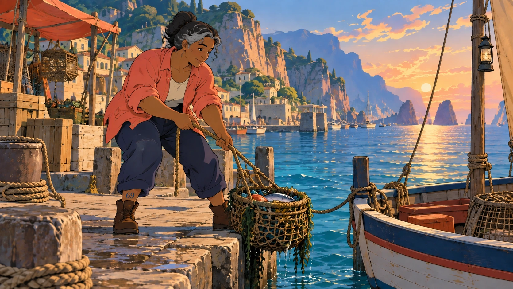 A Jaiba character study handling a fishing basket at the harbor.