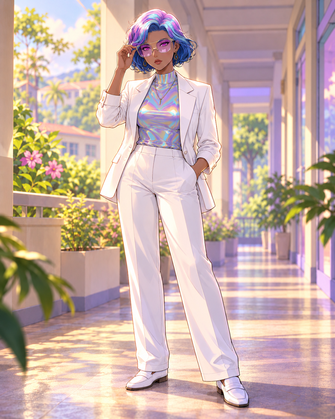 Pluto with a blue-pastel bob and glasses, wearing a white suit completed as a full-figure interpretation.