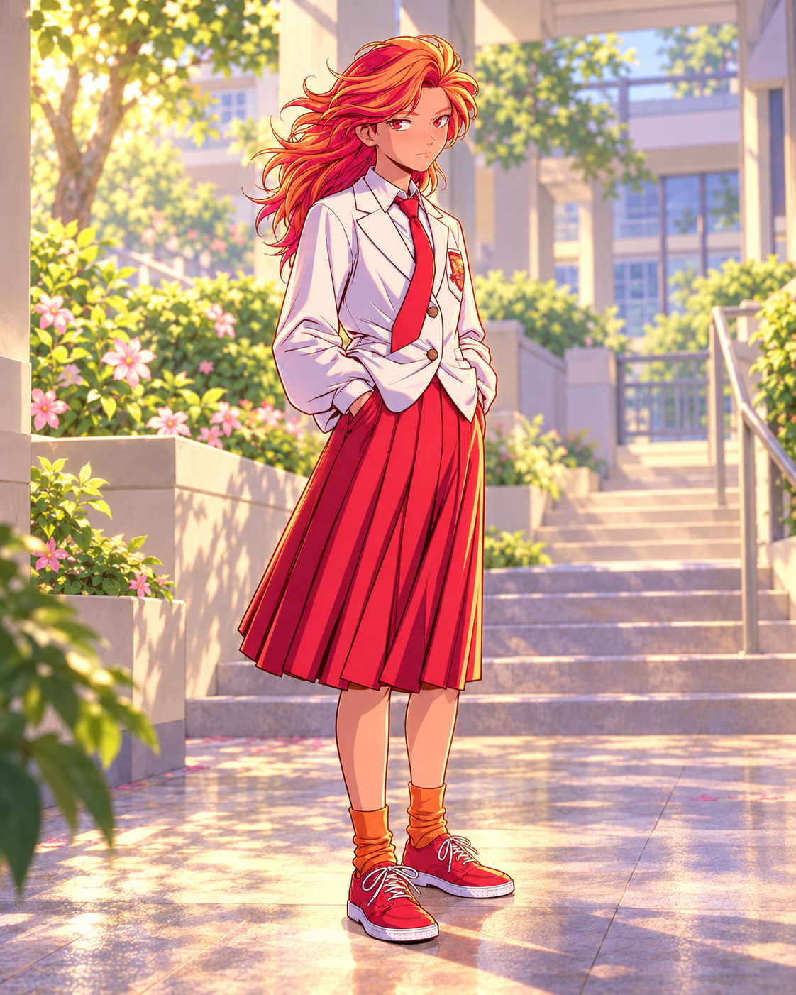 Riot with orange-crimson hair, wearing a white blazer, long red pleated skirt and red sneakers.