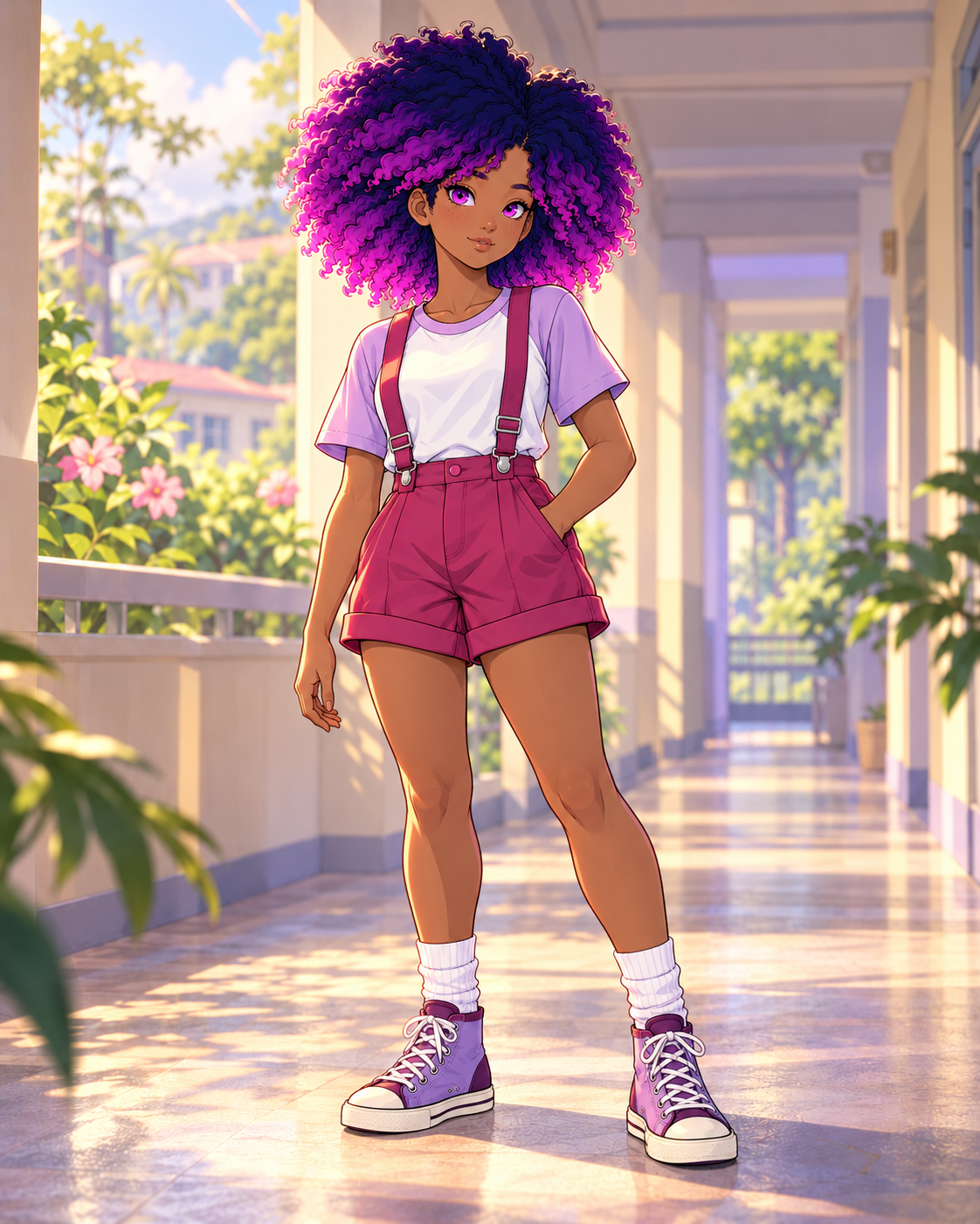Royalty with indigo-violet curls, wearing a lavender-white top and interpreted raspberry suspender shorts and high tops.