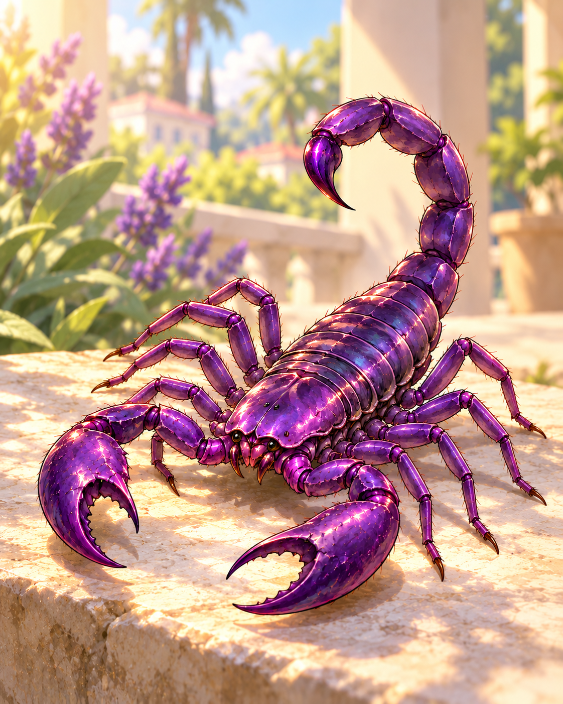 Historical macro interpretation of Sleepy as a small purple scorpion, with whole legs, pincers and tail visible.