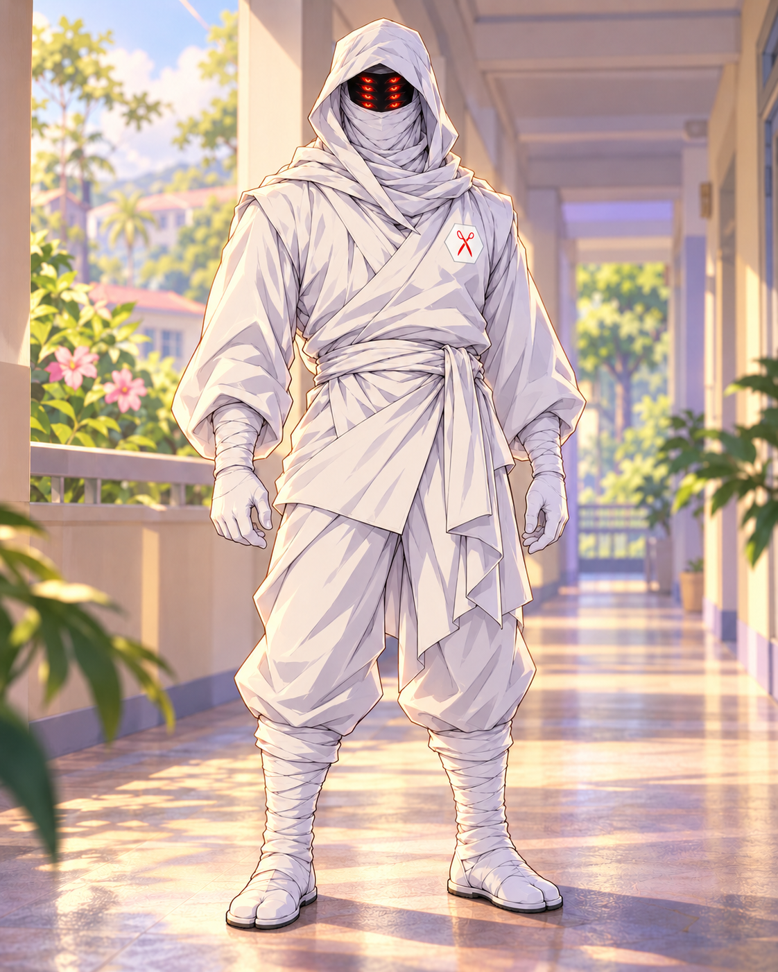 Historical interpretation of Spider in white ninja clothing with eight red eyes and a red scissors mark.