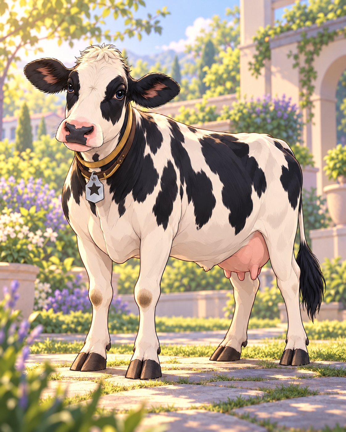 Starla as a natural quadruped cow with a collar and star pendant, whole hooves and tail visible.