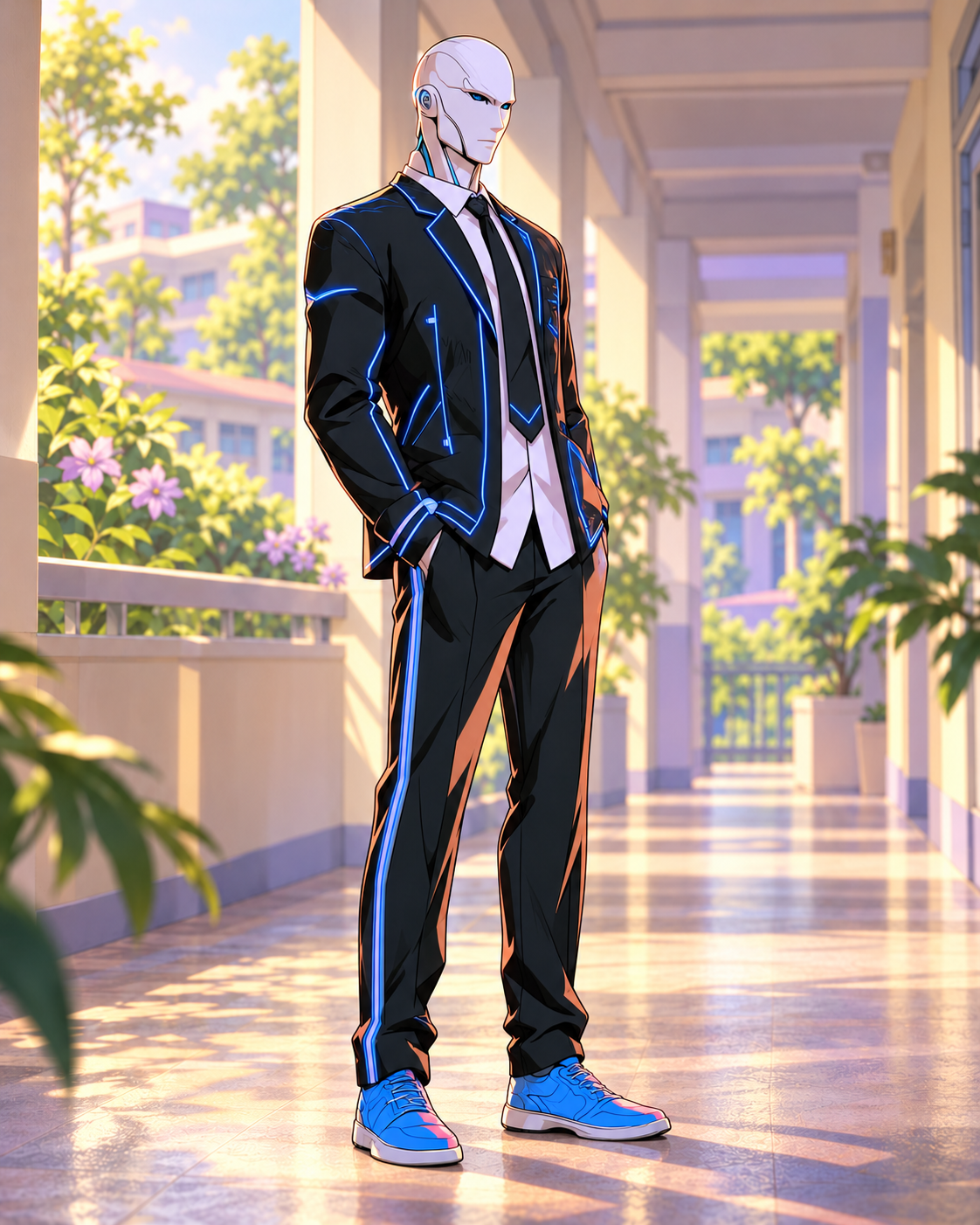 Reference-based interpretation of Superious with a sculpted ivory automaton faceplate and black-and-blue suit.