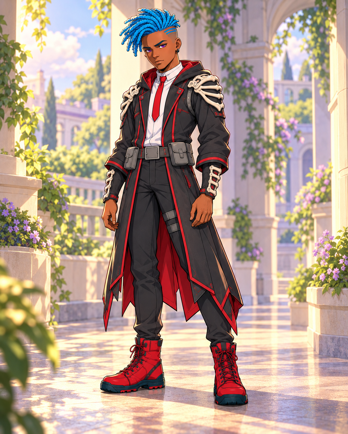 Surge in a logged-in Necromancer illustration, with purple eyes, cyan locs and a dark red-lined robe with skeletal wardrobe ornaments.