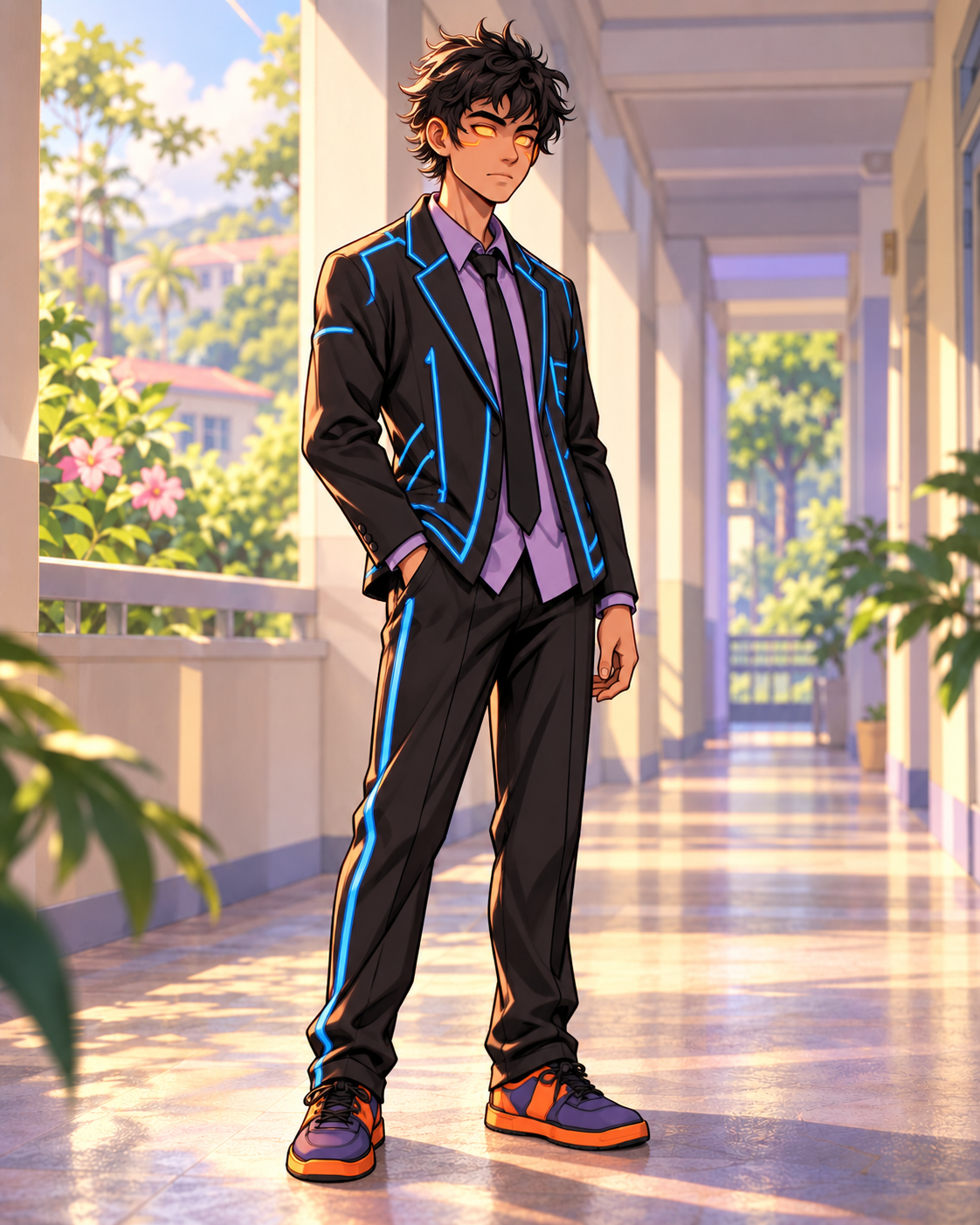 Tempus with tousled black hair, wearing a black-and-cyan suit and colorful low shoes.