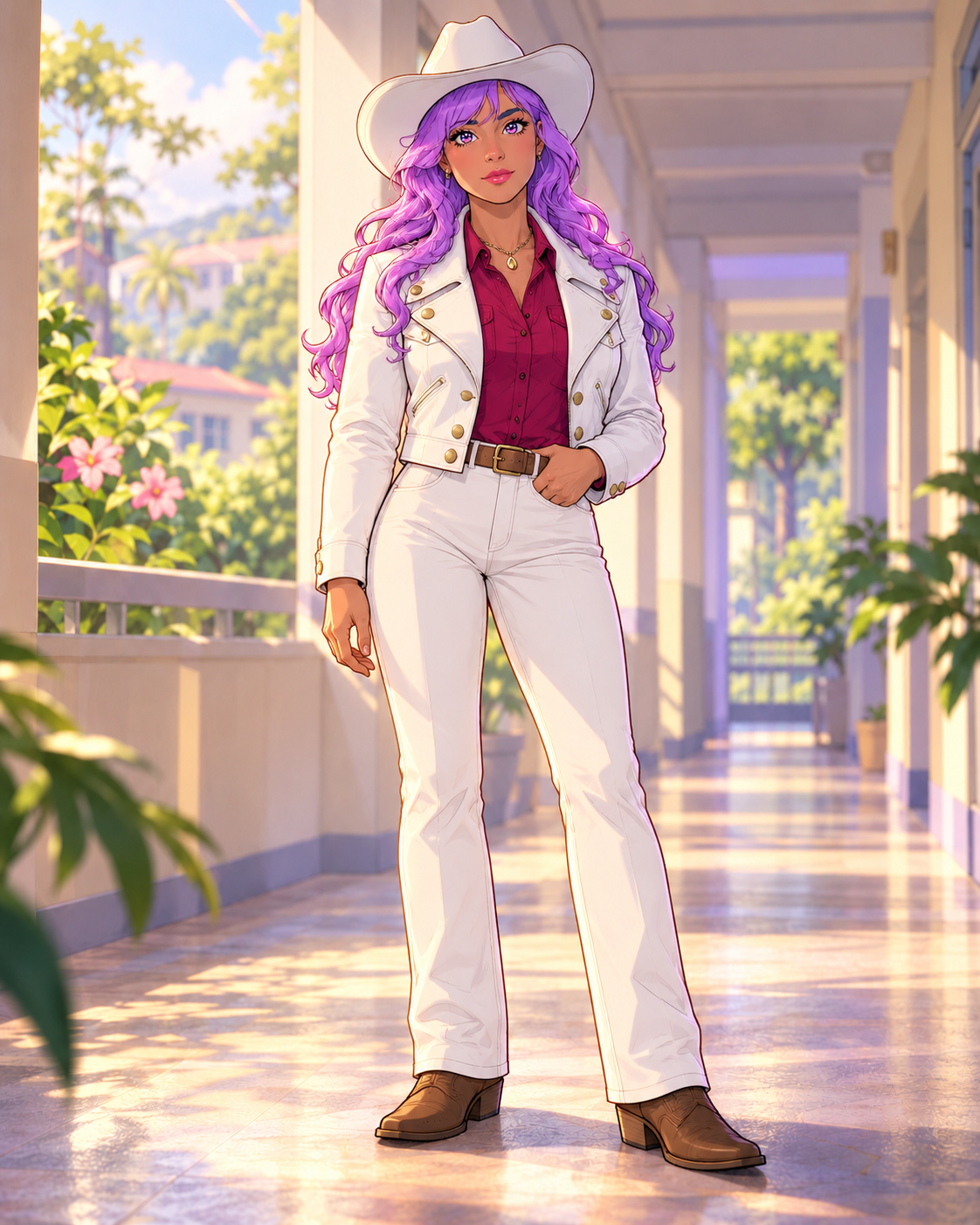 Victoria with lavender curls under an ivory cowboy hat, wearing a white-and-gold jacket, burgundy shirt and interpreted trousers and boots.