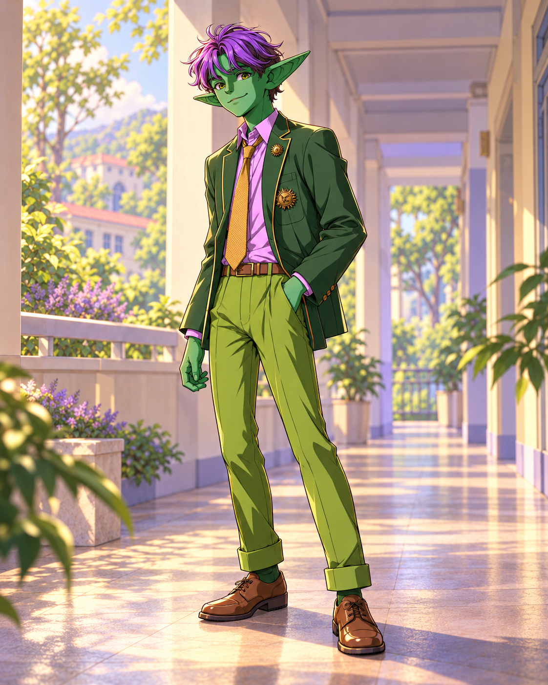Reference-based interpretation of Xap with green skin, violet hair and green-and-gold civilian schoolwear.