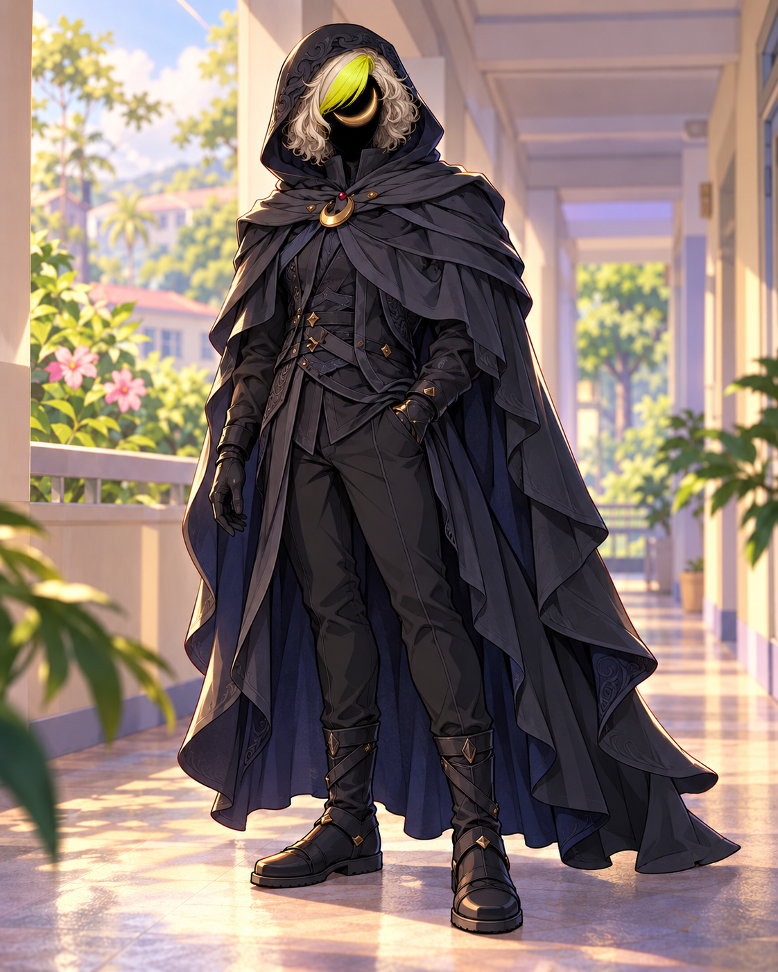 Darkmoon Aurora in an ID-based interpretation with an opaque dark face, crescent smile, silver curls and an ornate black hood.