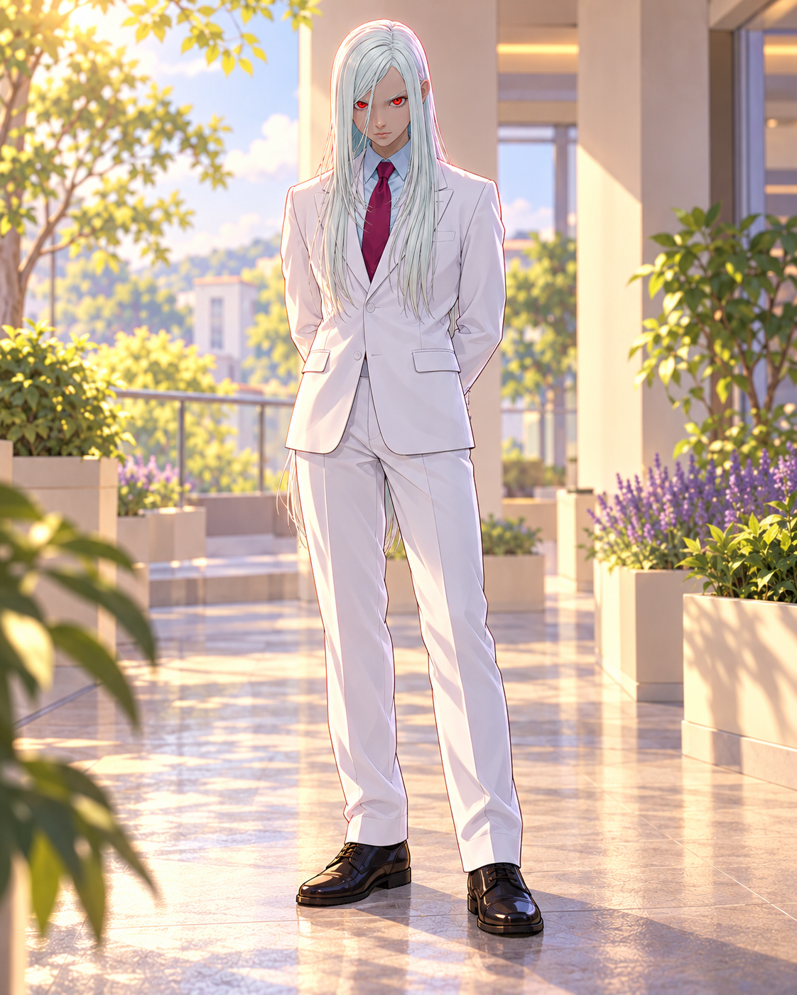 ID-based interpretation of Rhapsody with silver-white hair, red eyes, a pale blue shirt, burgundy tie and interpreted white suit.