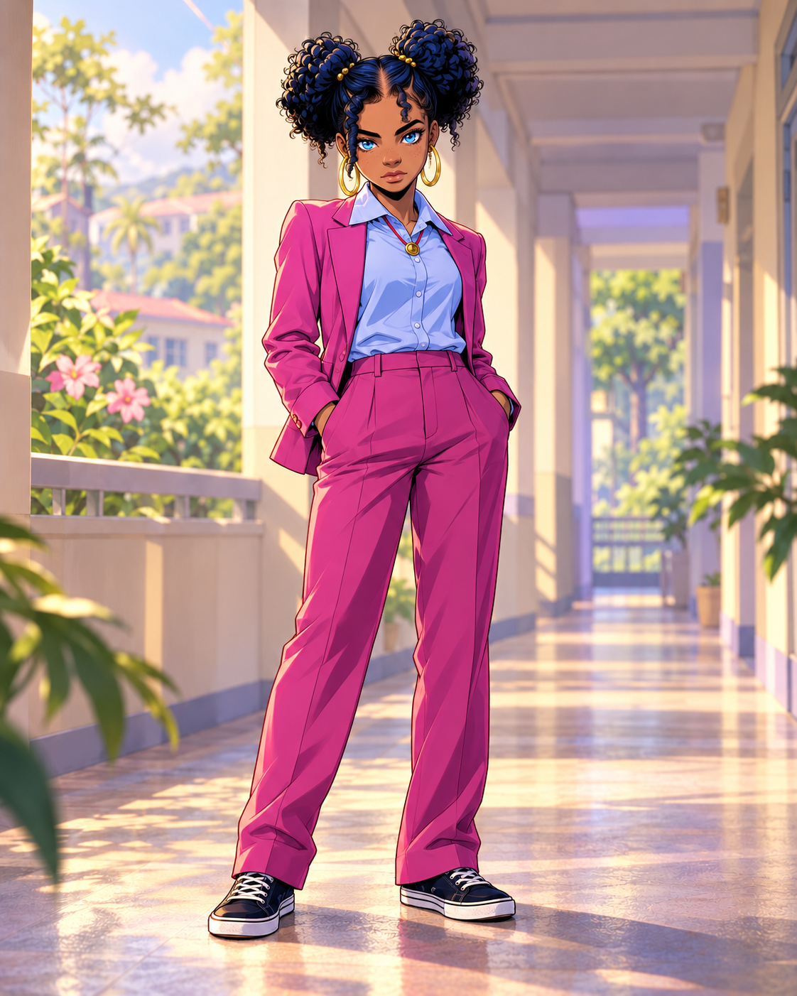 The printed Britt/Torque ID design with twin dark curly puffs, gold beads, pink blazer and interpreted lower schoolwear.