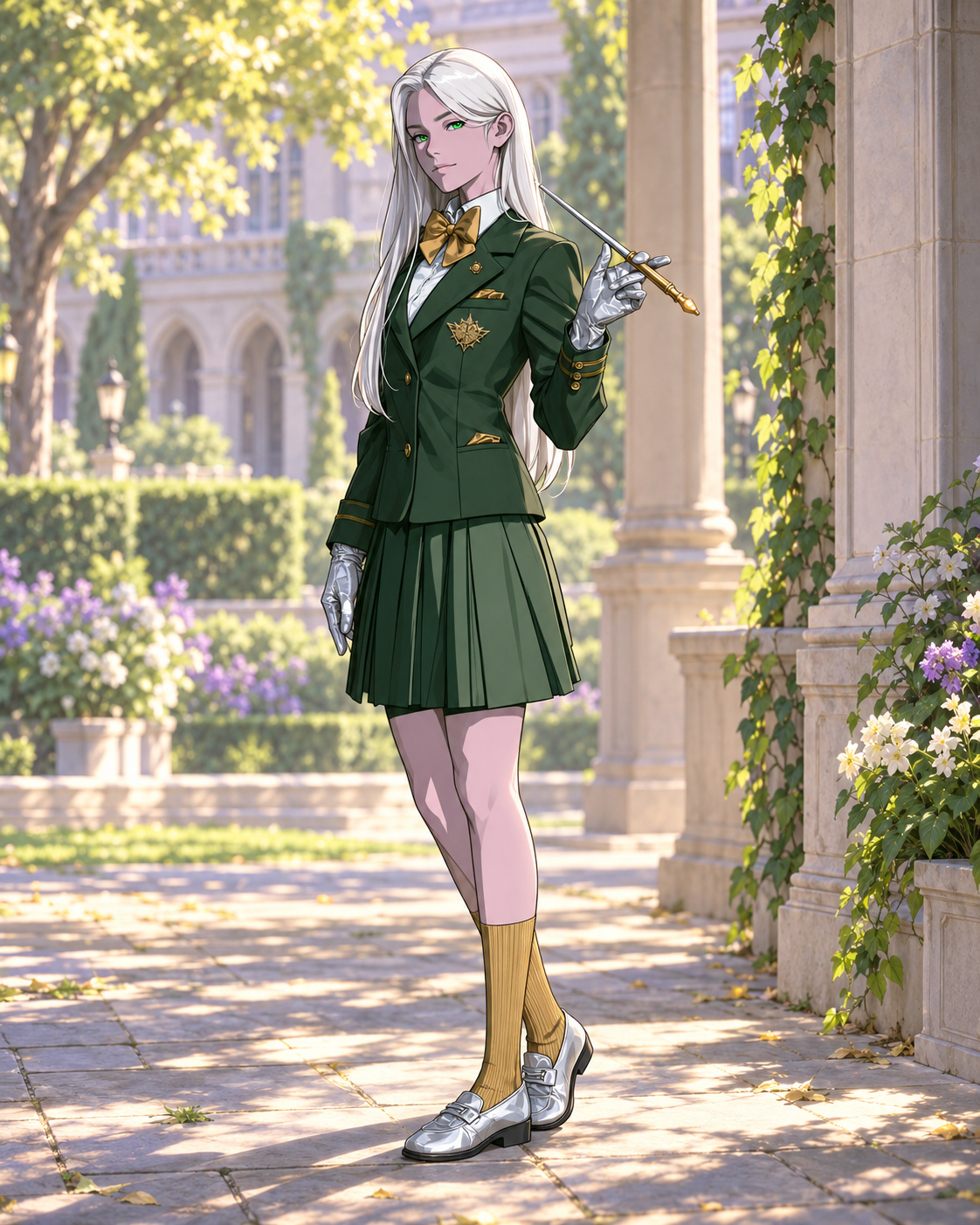Emily with white hair, silver gloves and shoes, holding a slender rod beside a garden path.