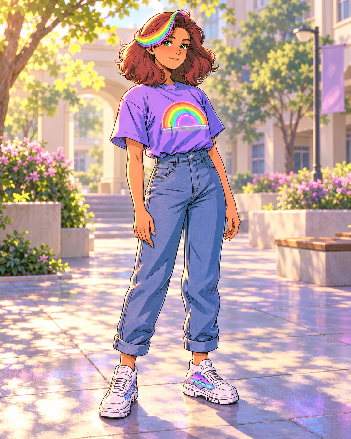 Jubilee Luna with green eyes and a rainbow forelock, wearing a purple rainbow tee, cuffed jeans and iridescent sneakers in a school courtyard.
