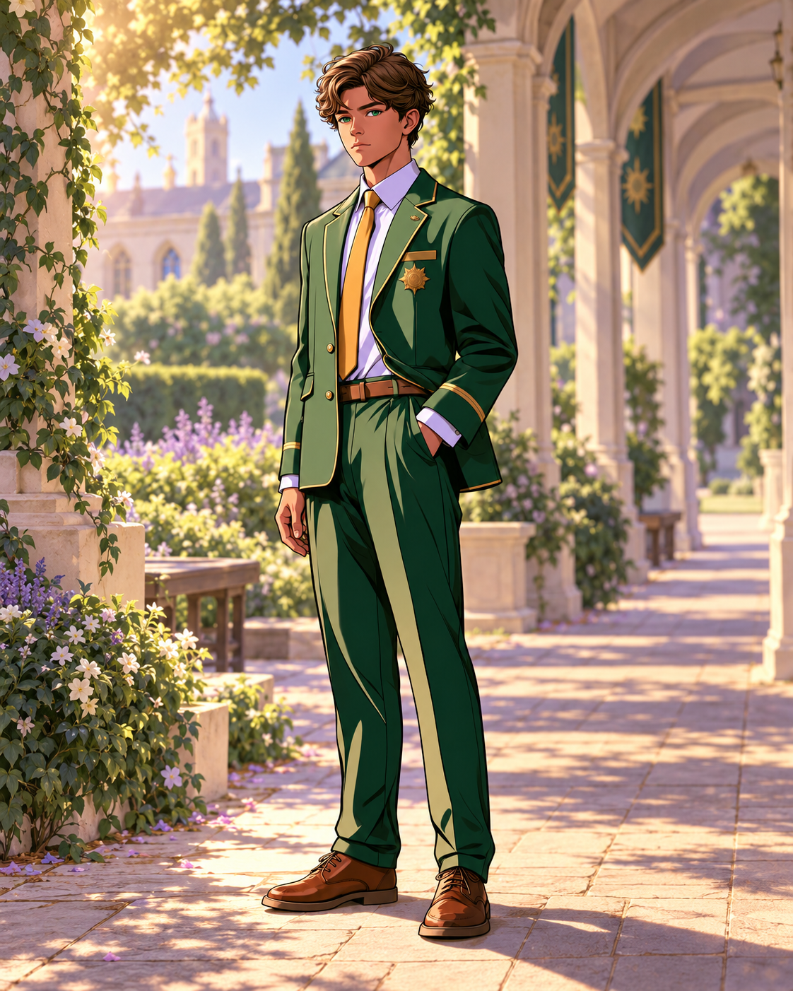 Kirk with brown hair and green-and-gold schoolwear, standing in a sunlit courtyard.