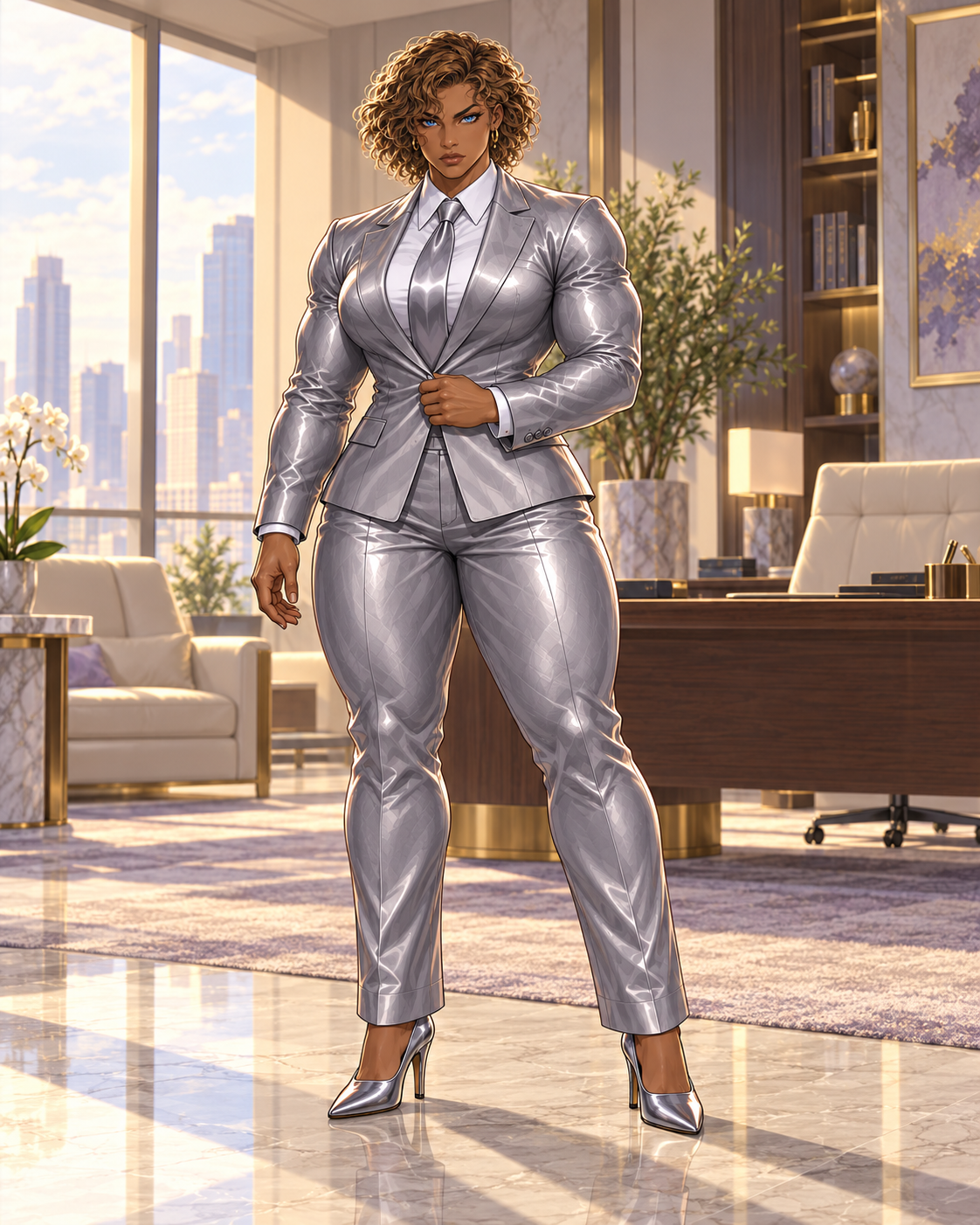 Minerva with short caramel curls and a powerful muscular build, wearing her silver suit and chrome tie in an executive office.