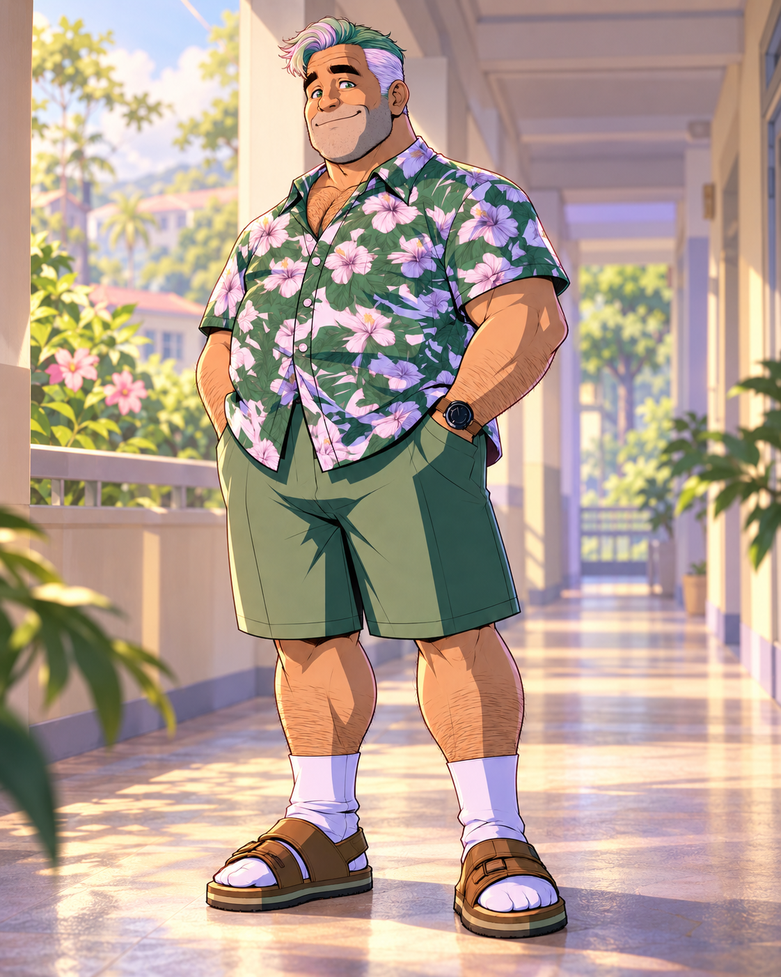Ozone with pastel swept hair, green floral shirt, olive shorts, white socks and sandals in a softly lit school corridor.