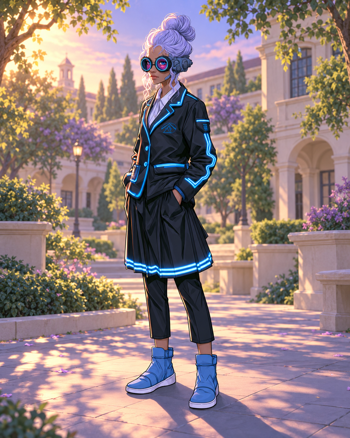 Pavette with a silver-white bun and purple facial optics, wearing black-and-cyan schoolwear and blue boots.