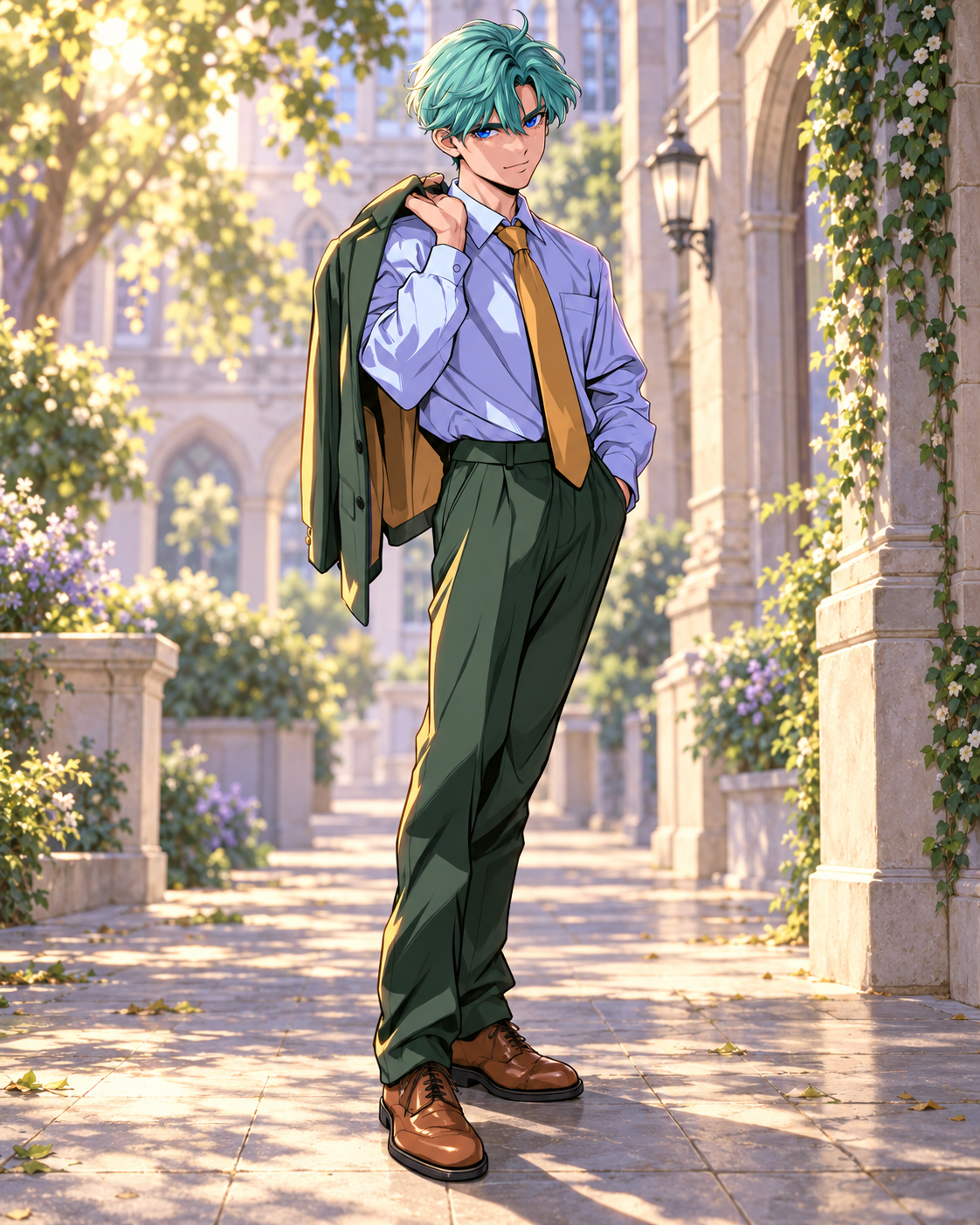 Rigel with mint hair, a gold tie and green trousers, carrying his blazer in a sunlit courtyard.