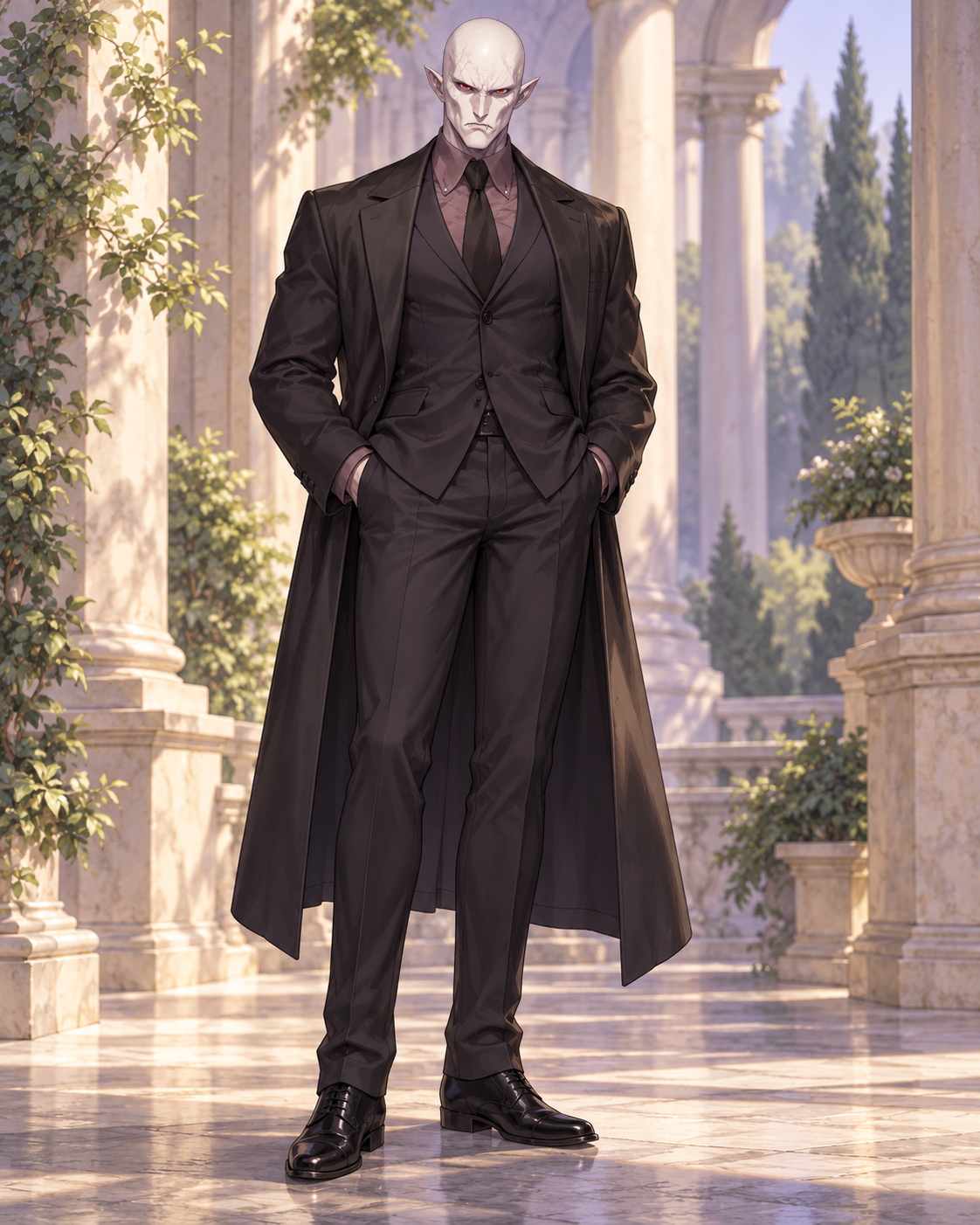 Ruin with a bald head, pale angular face and dark suit over a mauve shirt, beside a garden arcade.