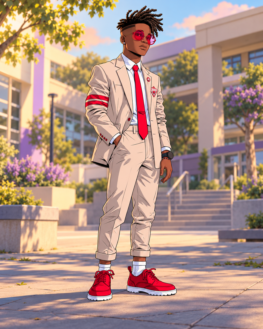 Turbo with locs, red glasses and cream-and-red schoolwear, standing in a courtyard.