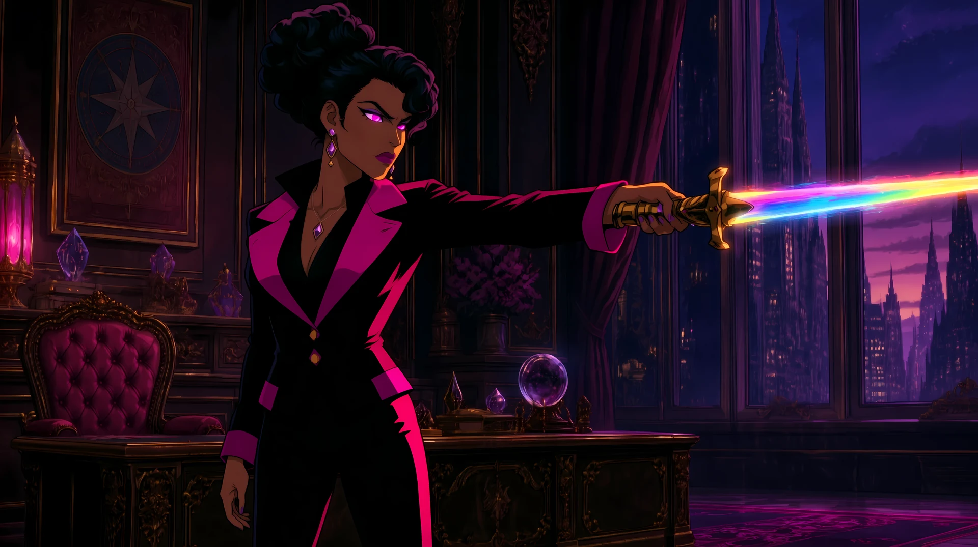 Ingrid Stardust, in a black and magenta suit, extends a rainbow blade in a dark ornate office.