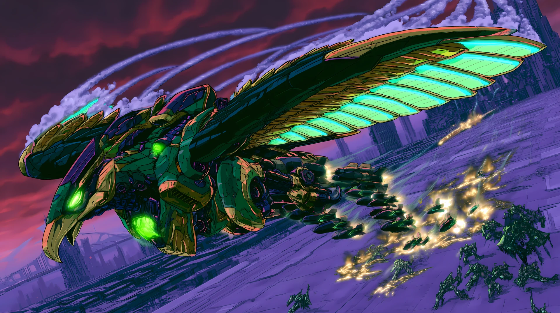 A green, gold and violet birdlike flying mech above a city.