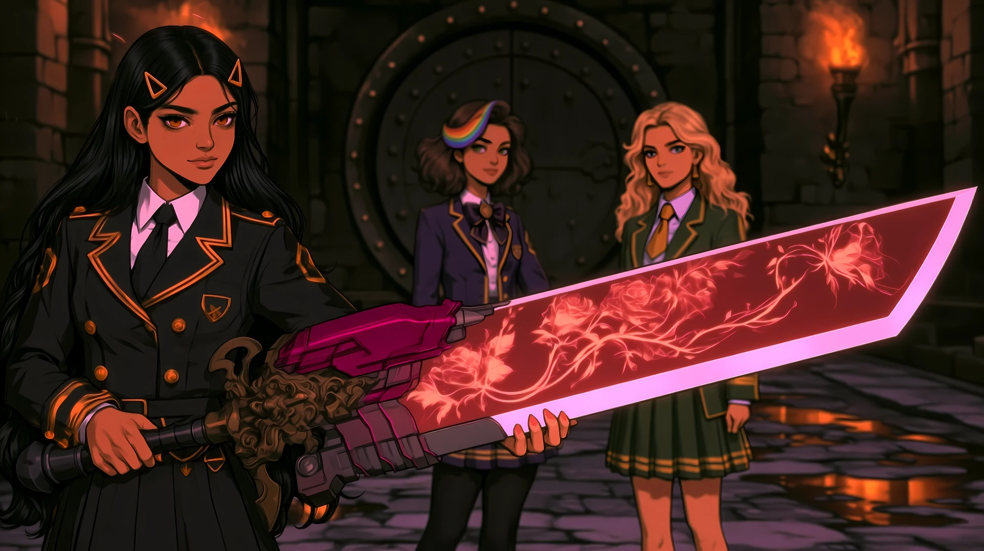 Lupe stands in front of Jubilee and Molly in a stone dungeon, holding a large rose-patterned blade.